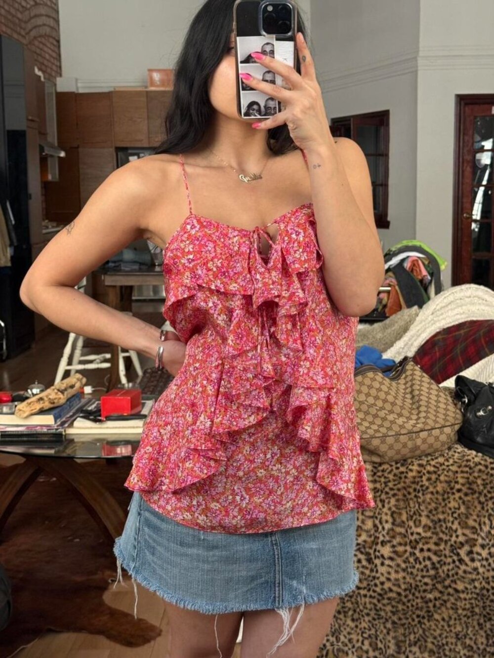 Silk Floral Ruffle Tie Cami S Pink Coquette Y2K